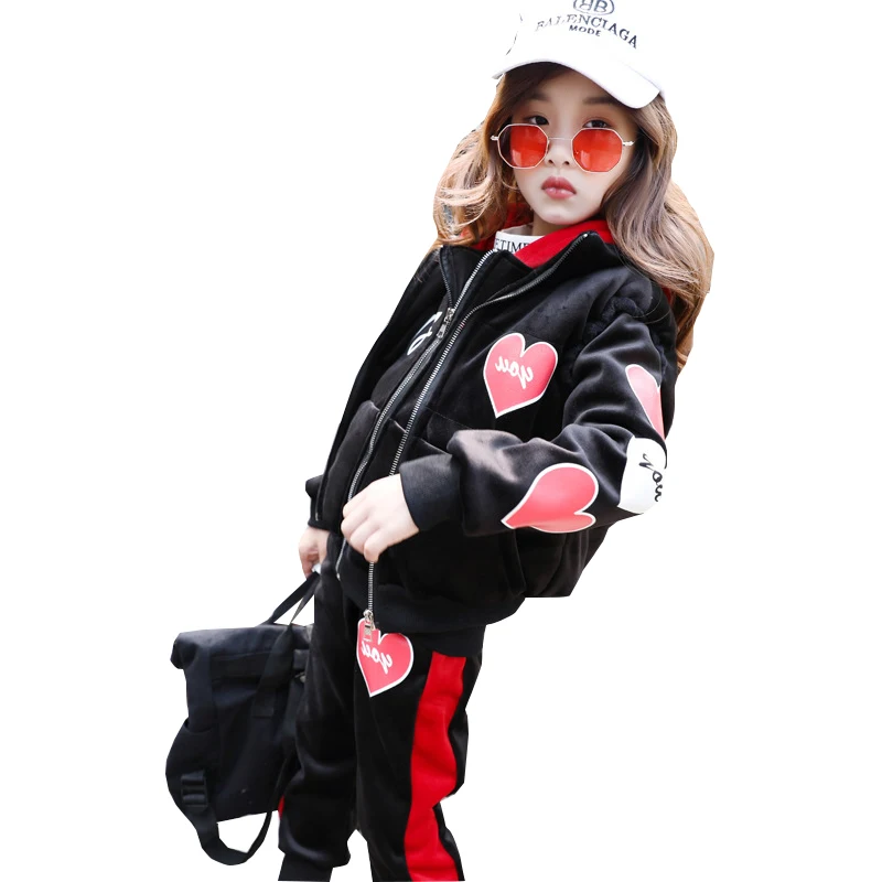 

Girls Winter Clothes Children Clothing Sets Kids Sport Suit Heart Print Velvet Thick Warm Girls Clothing set Kids Tracksuit 3pc