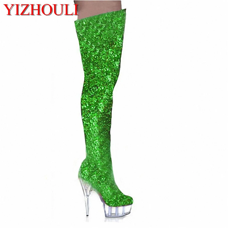 green sequin thigh high boots