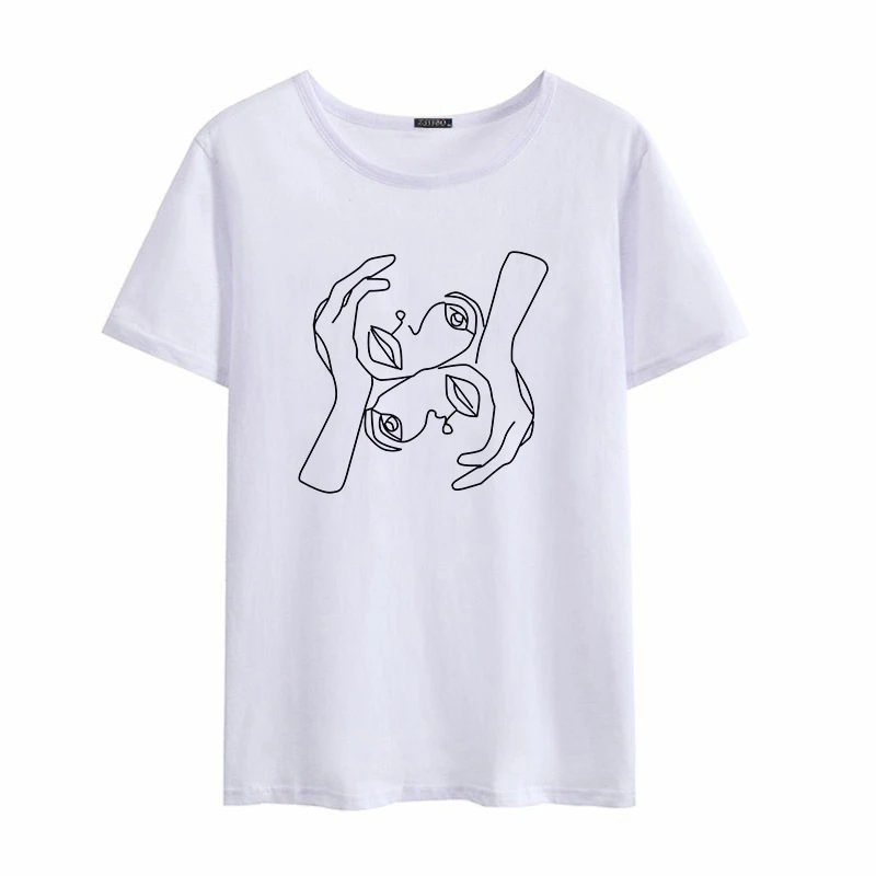 Абстрактная линия печати летние женские Harajuku с коротким рукавом черные модные забавные Ретро свободные большие размеры S-2XL женские футболки топы - Цвет: 01