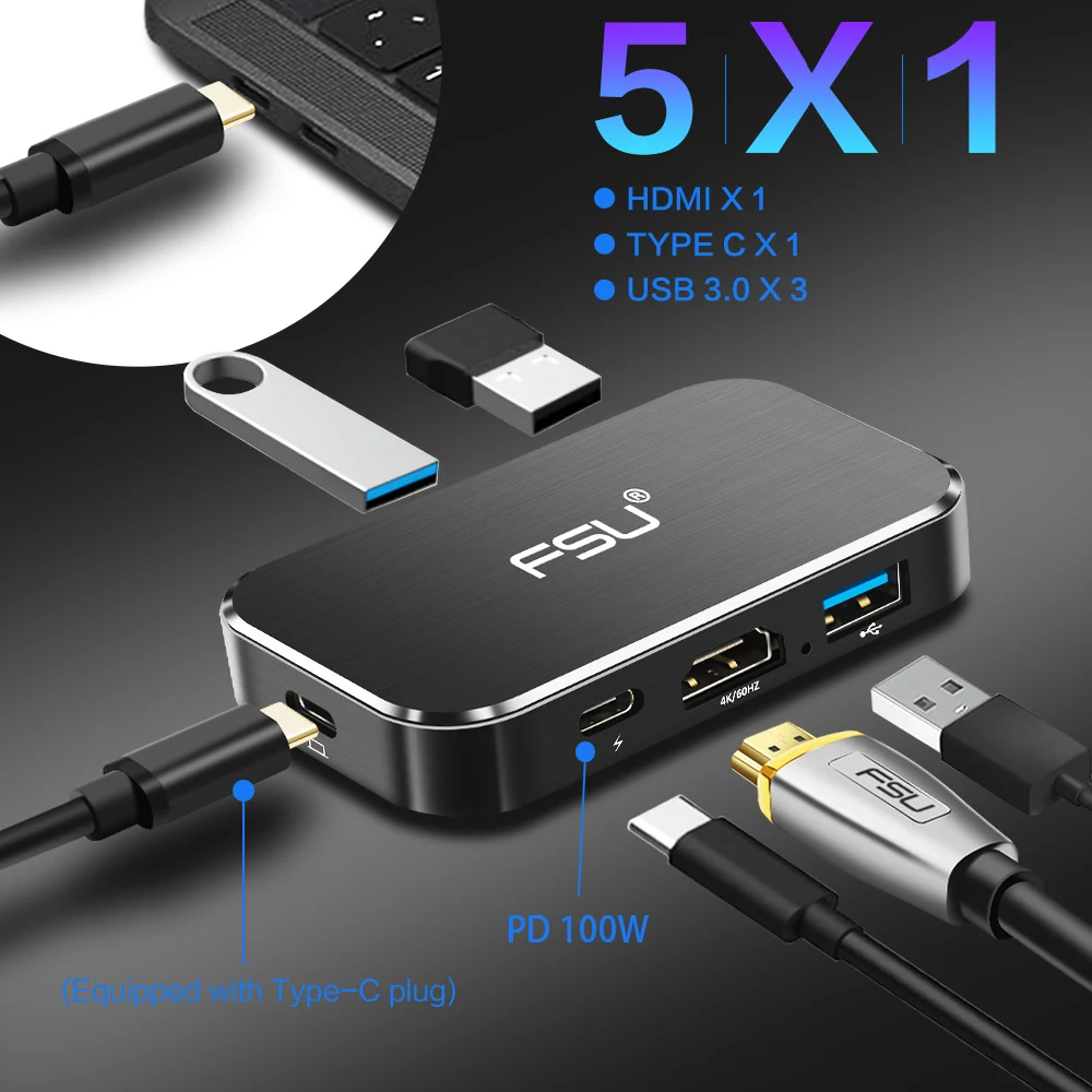 Thunderbolt3 5 в 1 USB 3,0 концентратор Тип-c к hdmi Тип-c 3 Порт usb3.0 Зарядное устройство адаптер 4 k 60 hz usb c hdmi для MacBook matebook