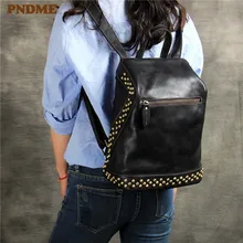 PNDME first layer cowhide ladies backpack casual simple handmade genuine leather rivets black women's back pack travel bookbags vintage casual designer genuine first layer cowhide hand painting girls small red backpack ladies women leather travel backpack