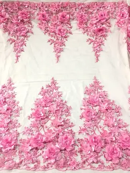 

3D flower African lace fabric Pink mesh tulle net French lace fabric with beads pearls For Nigerian woman Dress