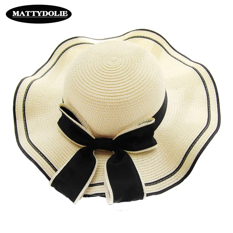

MATTYDOLIE Summer Hat Color Matching Bow Straw Hat Outdoor Beach Sunscreen Sunshade Dome Wavy Side Wide Side Sun Hat