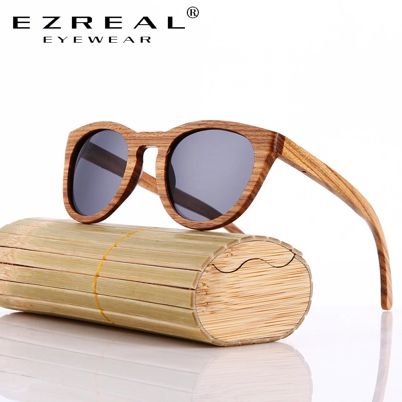 

EZREAL New 2017 Womens Mens Bamboo Zebra Wooden Sunglasses With Coating Mirrored UV 400 Protection Lenses in Wooden Box