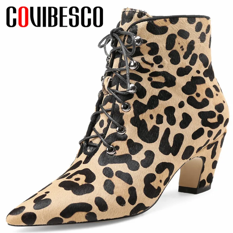 

COVIBESCO Fashion Sexy Leopard High Heels Pointed Toe Women Ankle Boots Warm Autumn Winter Horsehair Lace-up Prom Shoes Woman