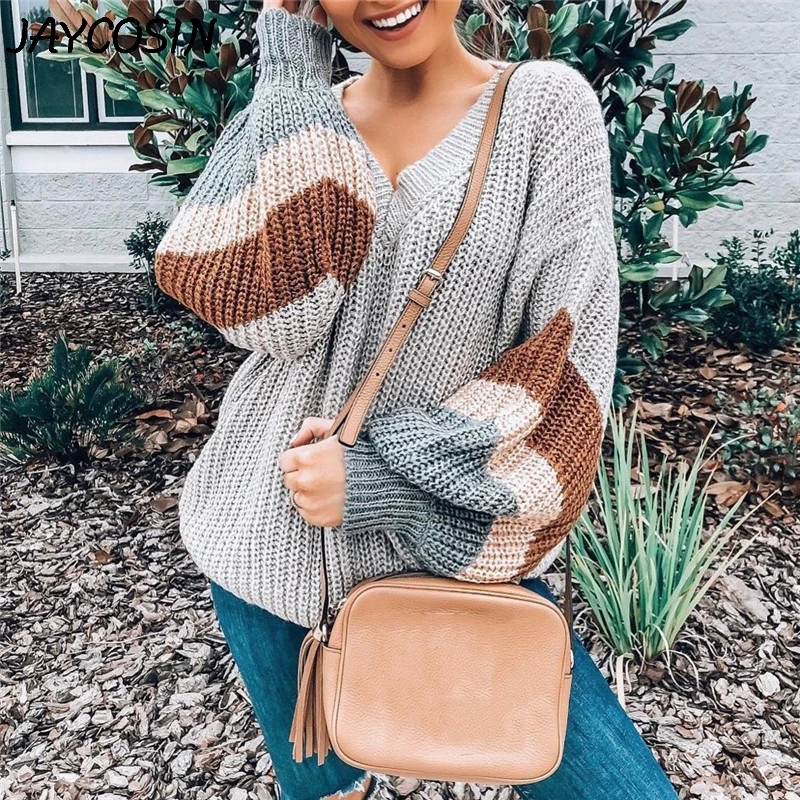 

JAYCOSIN Women Sweaters 2019 Autumn Winter Casual Loose Patchwork Striped Long Sleeve V-Neck Knitted Sweater Pullovers Tops jy24