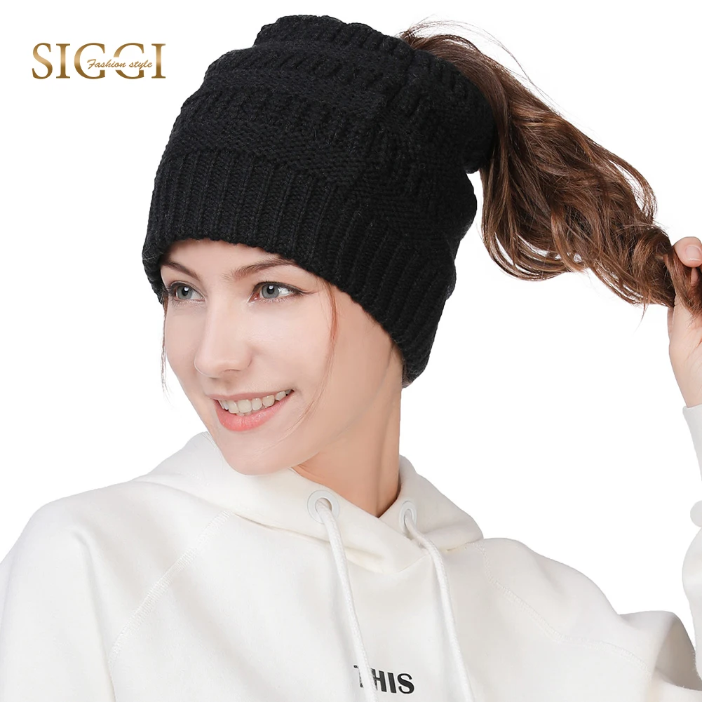 

FANCET Winter Fashion Beanies Skullies Wool Soft Fleece Concealed Ponytail Hole Knitted Hats For Women Youth Girls Female 99724