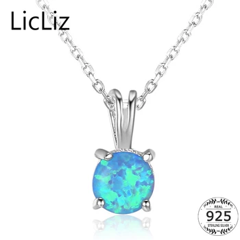 

LicLiz 925 Sterling Silver Gem Stone Solitaire Pendant Necklace Collar Women Round Dangle Blue Fire Opal Necklace Chains LN0251