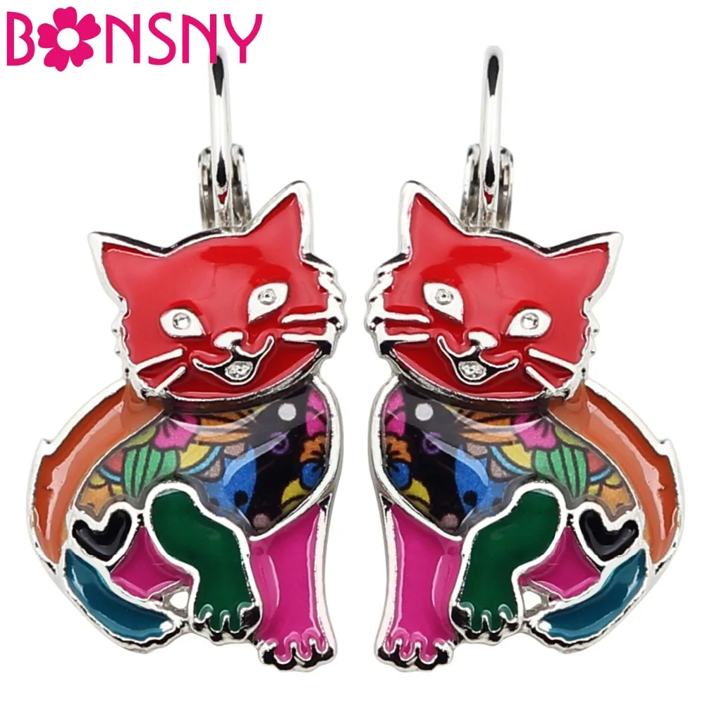 

Bonsny Enamel Elegant Cat Kitten Earrings Stud Drop Dangle Alloy French Clip Novelty Animal Jewelry For Girls Women Decoration