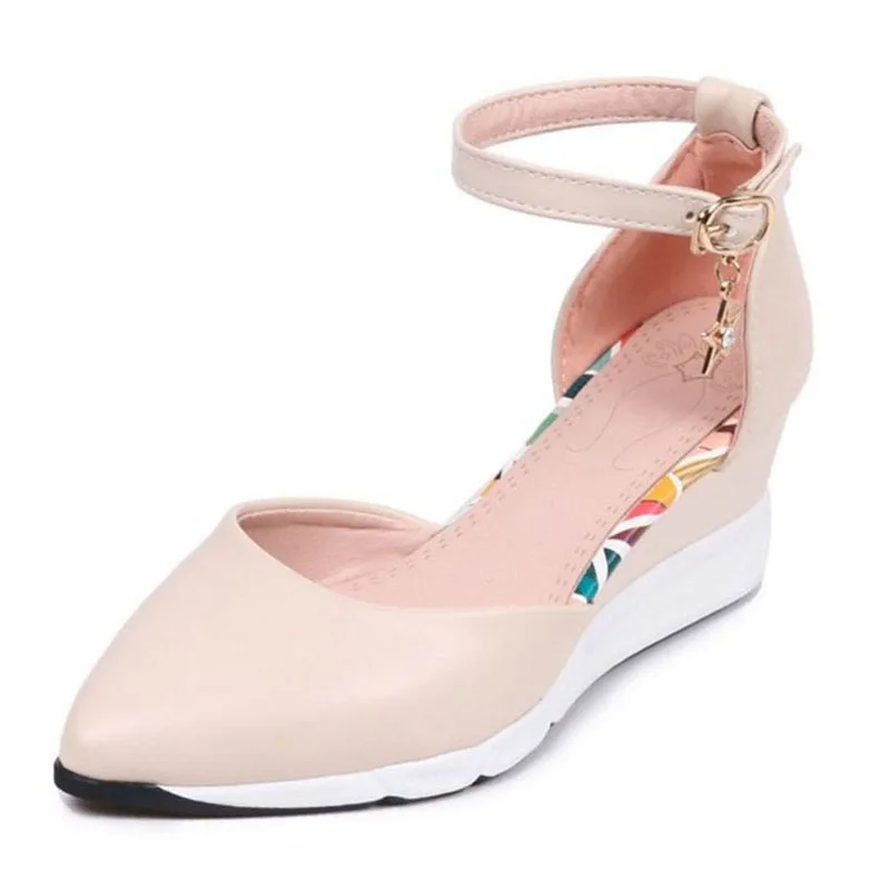 RizaBina/офисные женские босоножки на танкетке однотонные клинообразные летние сандалии с ремешком на щиколотке и острым носком женская обувь для отдыха Размеры 33-40 - Цвет: Бежевый