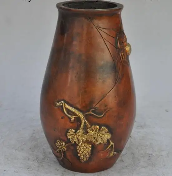 

S01268 8"mark China palace Bronze gilt Grapes Spider statue Zun Cup Bottle Pot Vase Jar (B0413)