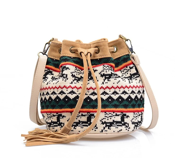 

OE Drawstring Bucket Cotton Knitting Bohemian Embroidery Shoulder Bag Wayuu Style Mochila Mujer Bolsa Feminina Demano 2019
