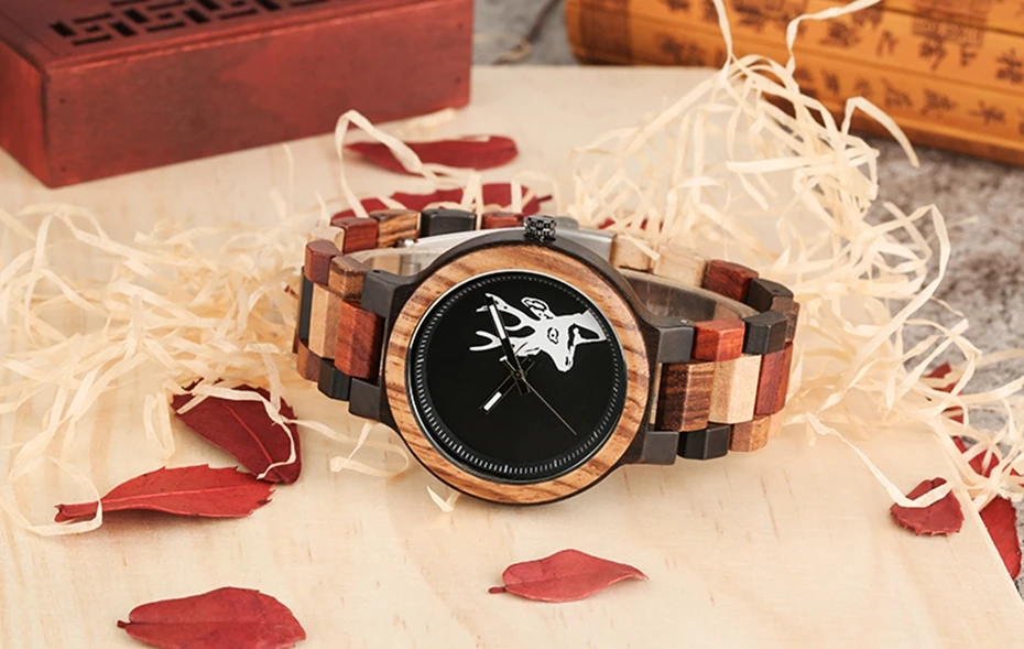Natural Deer Head Elk Wood Watch Male Unique Mixed Color Full Wooden Watches Quartz Wristwatch Men Hours Clock Relogio Masculino (13)