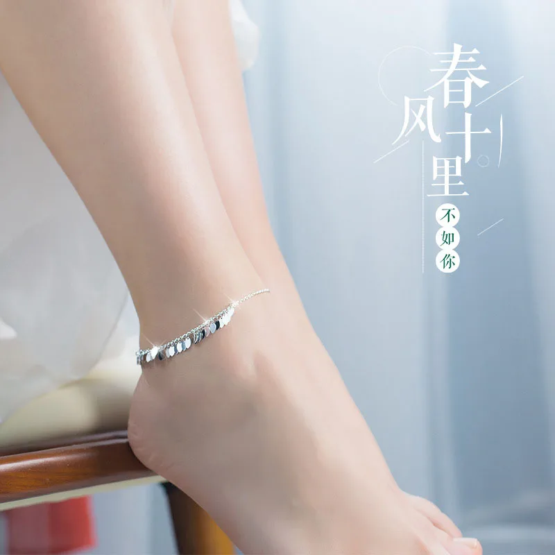 

2018 new S925 silver bohemian beads elliptical light sheet foot jewelry beach wedding leg bracelet women foot anklet