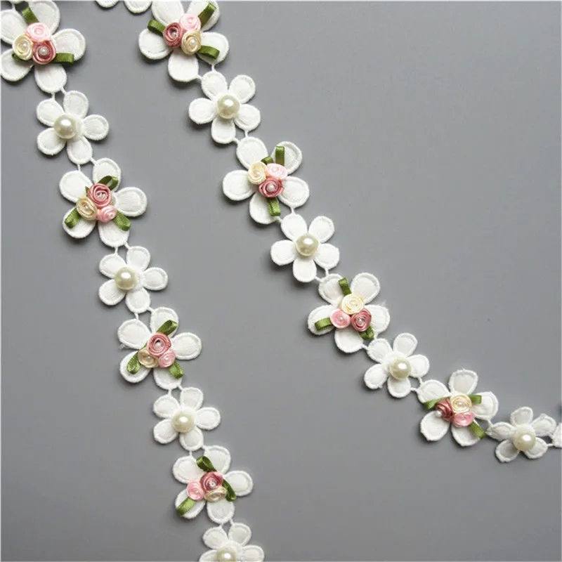 

1 Meter 4cm White Pearl Flower Lace Edge Trim Ribbon Fabric Embroidered Applique Sewing Craft Crochet Wedding Dress Kids Clothes