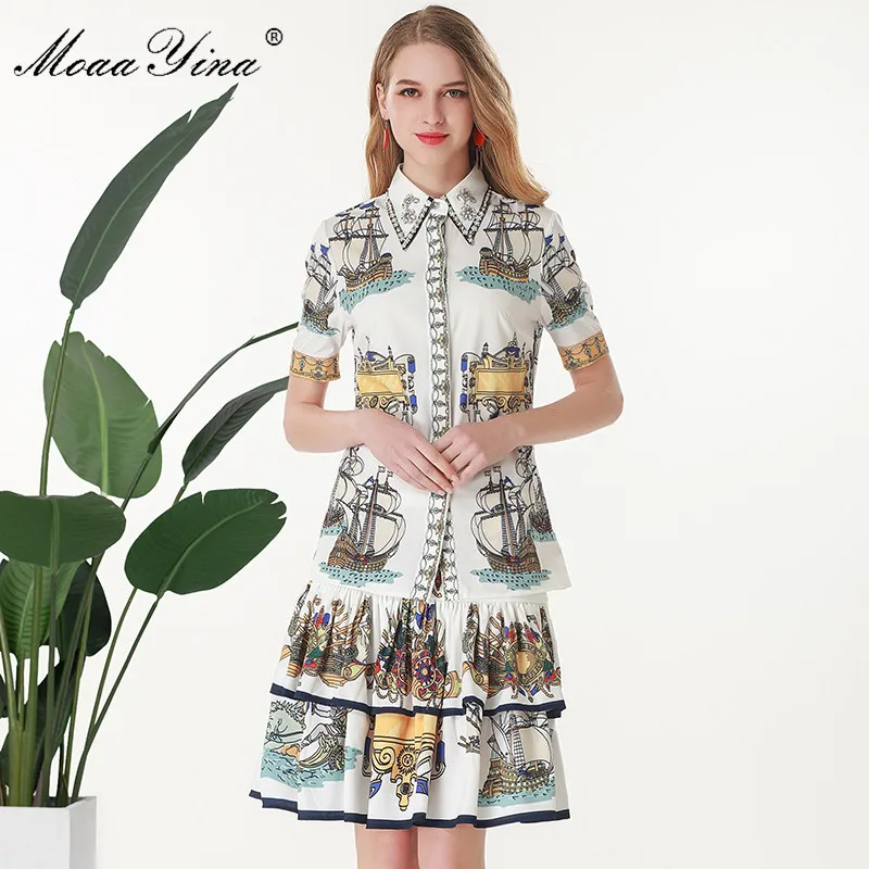 

MoaaYina Fashion Designer Set Summer Women Short sleeve Rose Turn-down Collar Beading Print Tops+Cascading Skirt Two-piece set