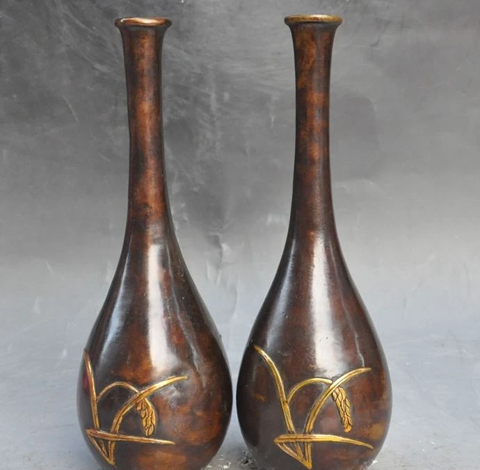 

11" marked china bronze gilt Straw Grass statue Zun Cup Bottle Pot Vase Jar Pair