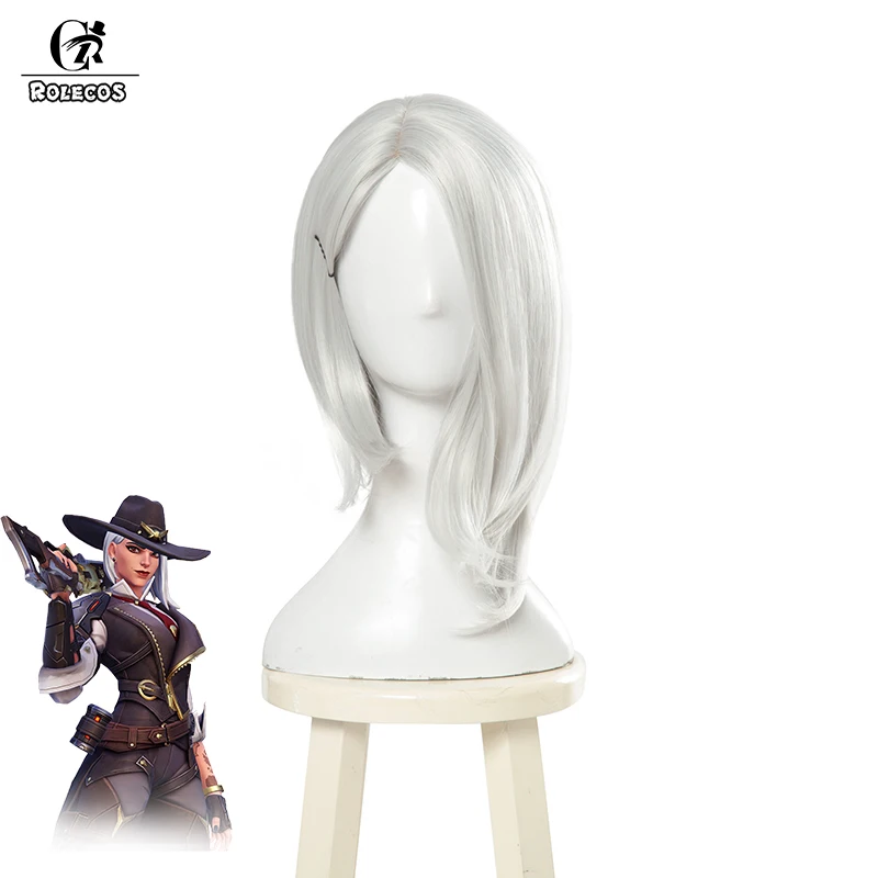 ROLECOS игра OW Косплей волосы над часы Эш головные уборы 35 см короткие Серебристые