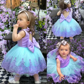 

2019 Brand New Cute Kids Baby Girls Dress Lace Bow Hollow Back Flower Tulle Pageant Party Princess Formal Gown Tutu Prom Dress