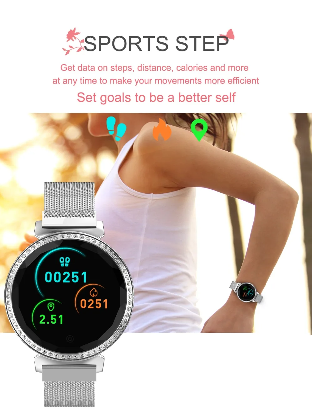 Vorke VK11 Women Smart Watch Fitness Tracker 3D Diamond Blood Pressure Heart Rate Monitoring Wristband Best Gift for Women