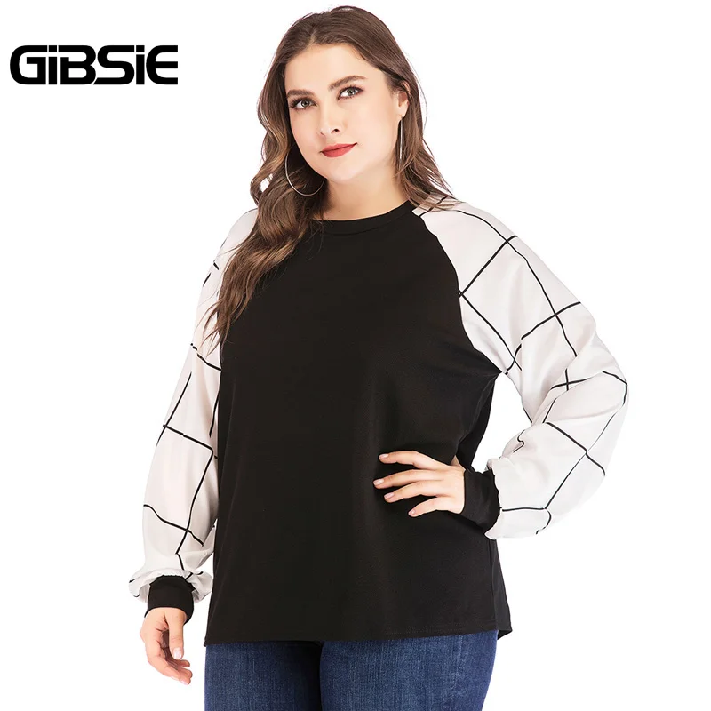 

GIBSIE Womens Color Block Grid Long Sleeve Tops and Blouses 2019 Spring Fashion Plus Size Round Neck Casual Black Blouse
