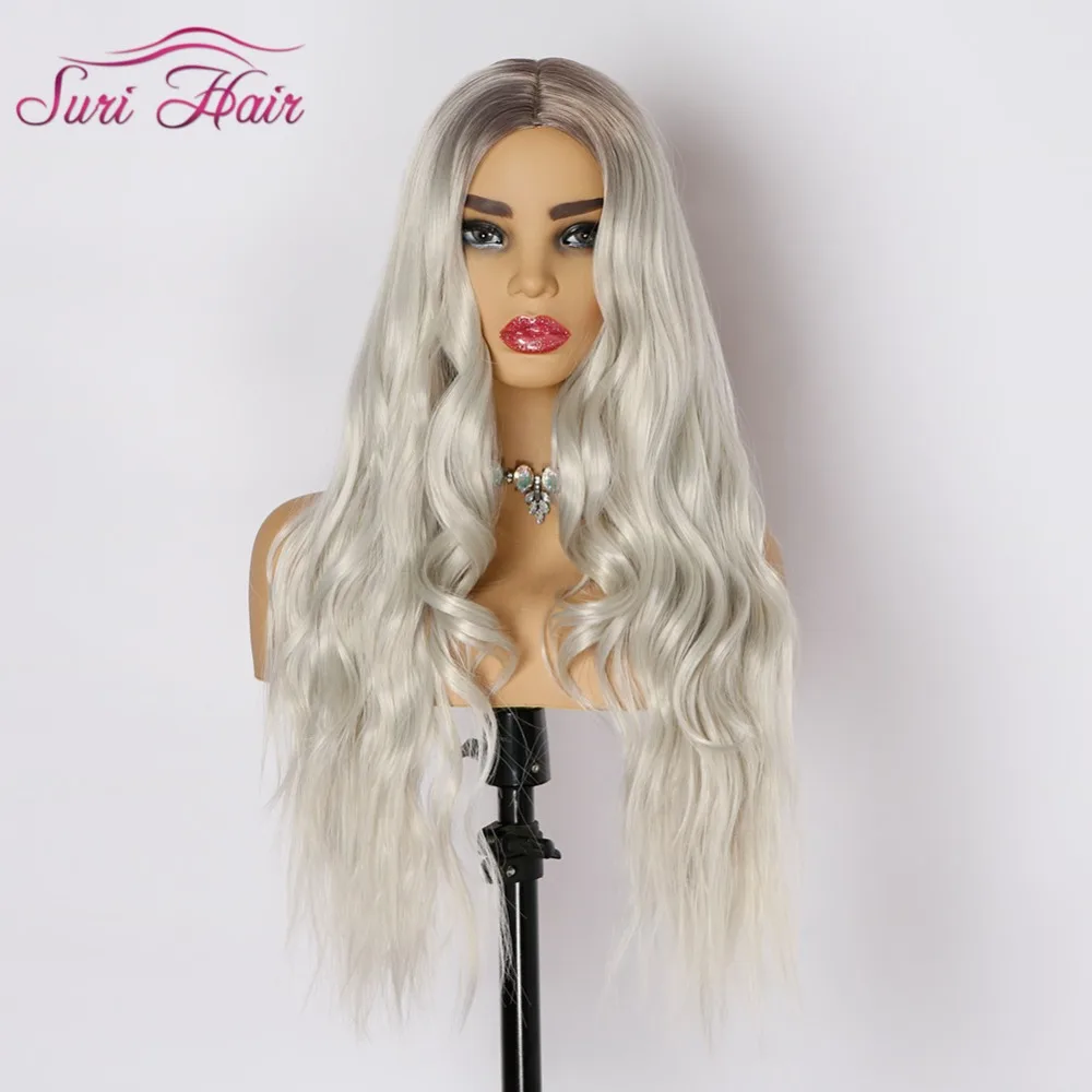 

Synthetic Wigs for women Ombre Long Wavy hair White Cosplay Wig Two Tone hairpiece Heat Resistant 28 inch Suri Hair Average Size