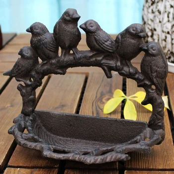 

Rustic Birds Branch Cast Iron Bird Feeder Antique Retro Small Size Six Birds On Tree Branch Nest Shape Wall Mounted Storage Tray