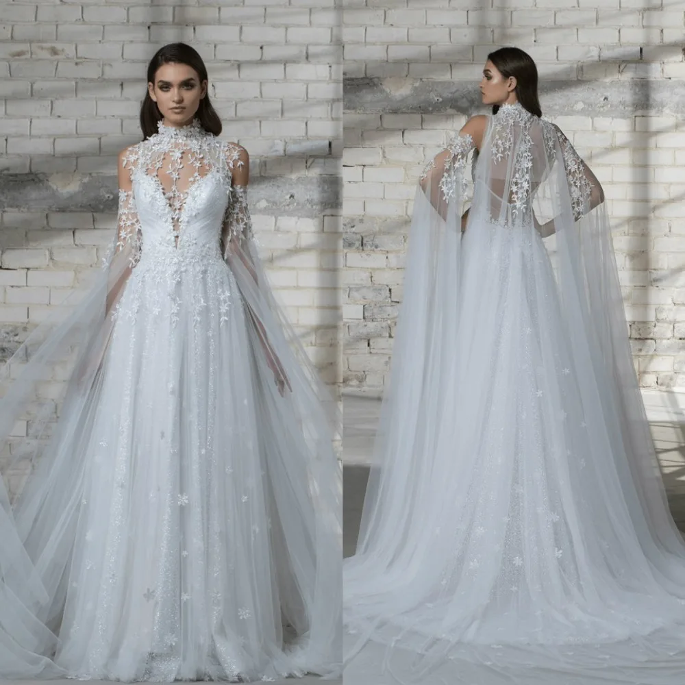 

2019 New Bridal Wraps Custom Made High Neck Lace Applique Cathedral Wedding Cape Shawls White and Ivory Bridal Jacket