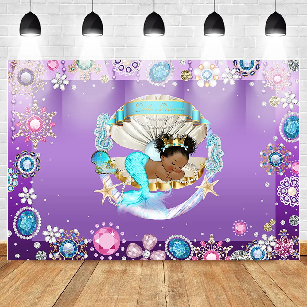 New Mermaid Theme Royal Baby Shower Photography Backdrop Under The Sea Mermaid Shell Baby Shower Background Little Princess Newborn Baby Portrait Birthday Party Photo Booth Props 7x5ft