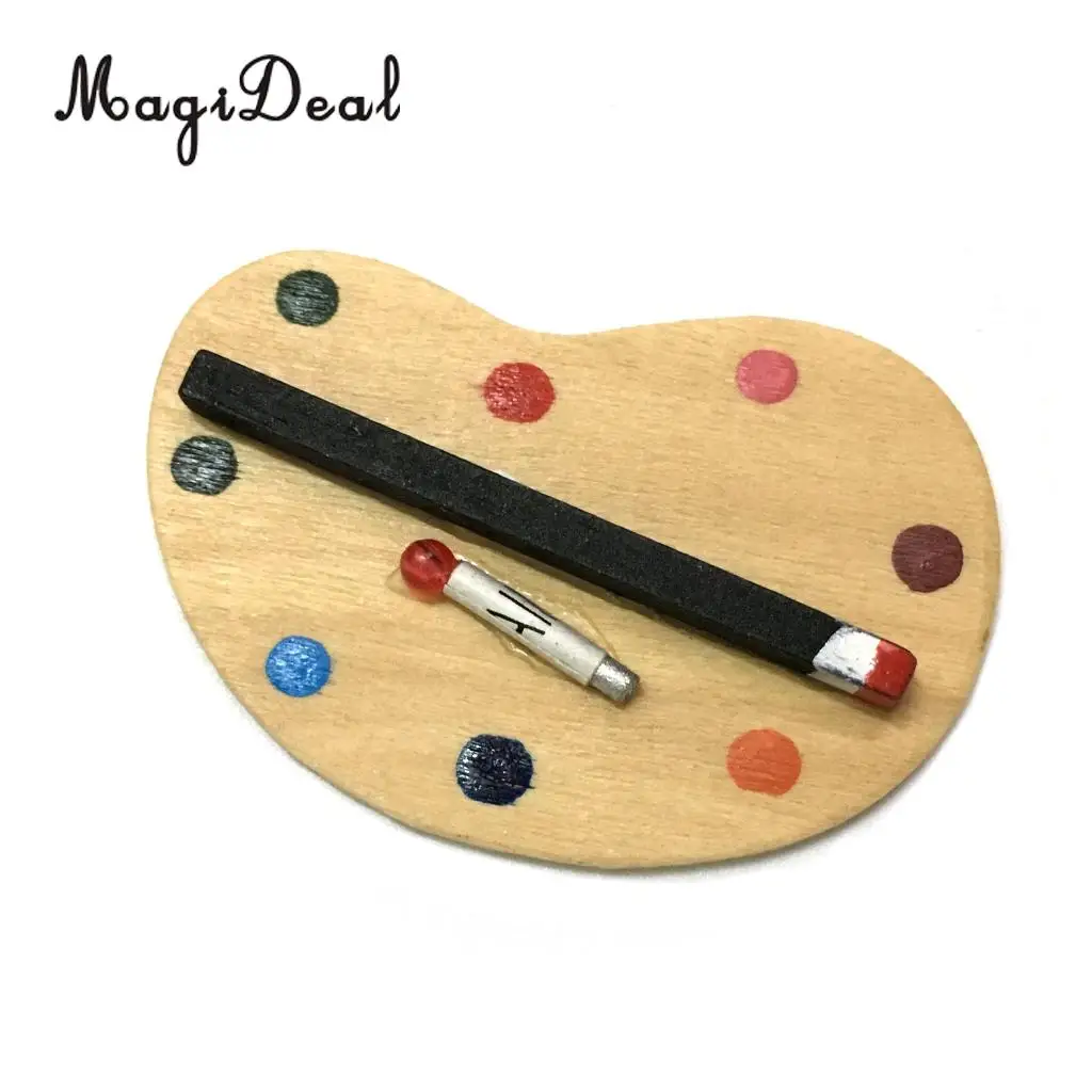 MagiDeal Colorful 1Set 1/12 Scale Dolls House Miniature Artist Paint Palette&Brush for School Classroom Painting Kids Play Toy 
