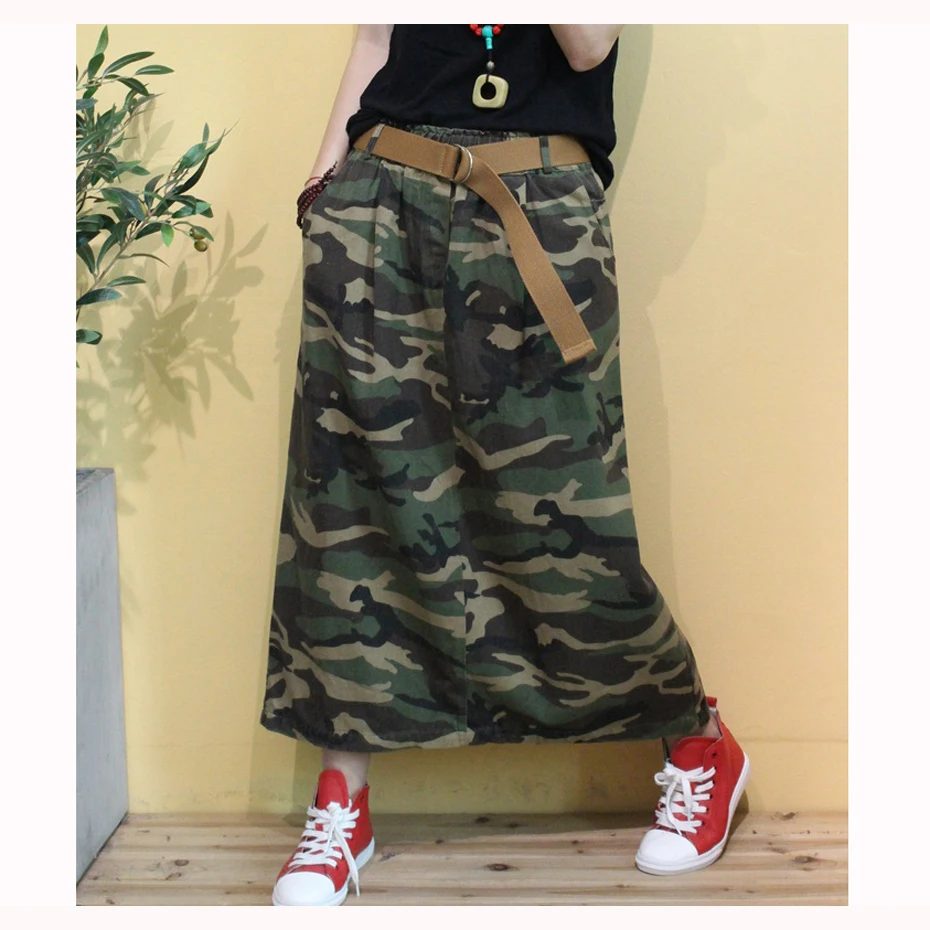 

with Belt Women Denim Skirt Military Army Fashion Casual Long Big Loose Elastic Waist Skirt Camouflage AZ39262425