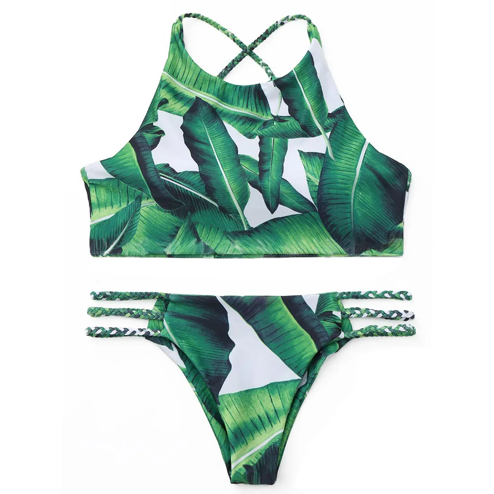 2Piece Sets green Swimwear Women bikini Floral Leaf Print Cross Sport