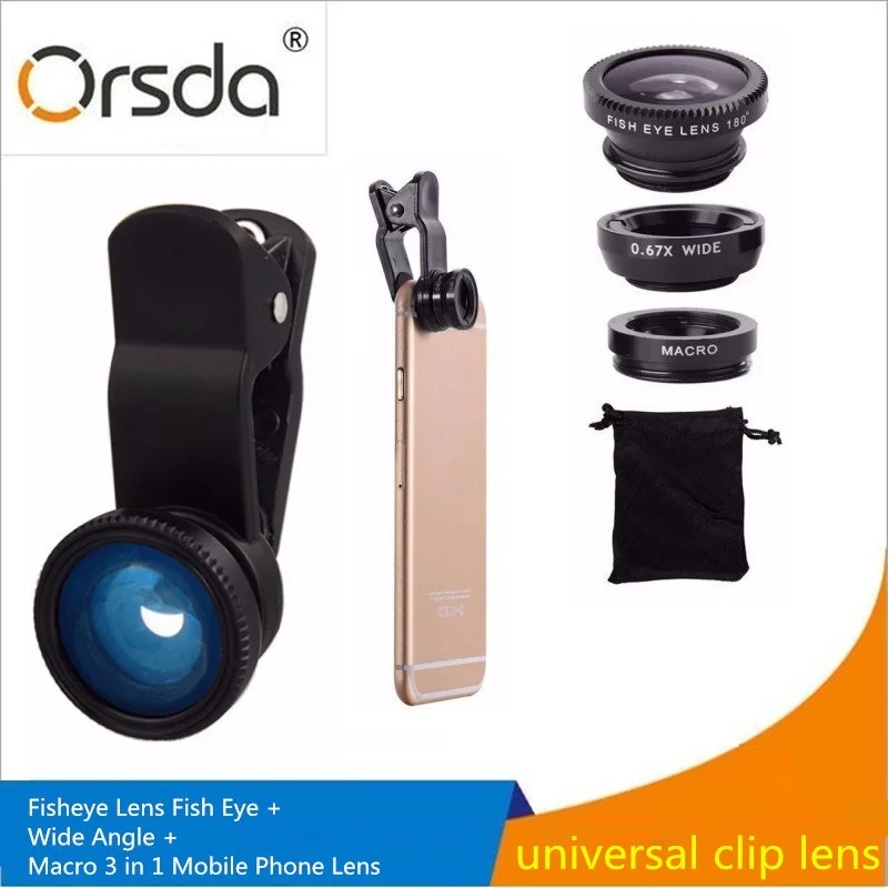 

Orsda 180 Degree Fisheye fish eye Lens 0.67x Wide Angle lenses 10x Macro 3 in 1 Universal Clip Smartphone lens kit For iphone 8