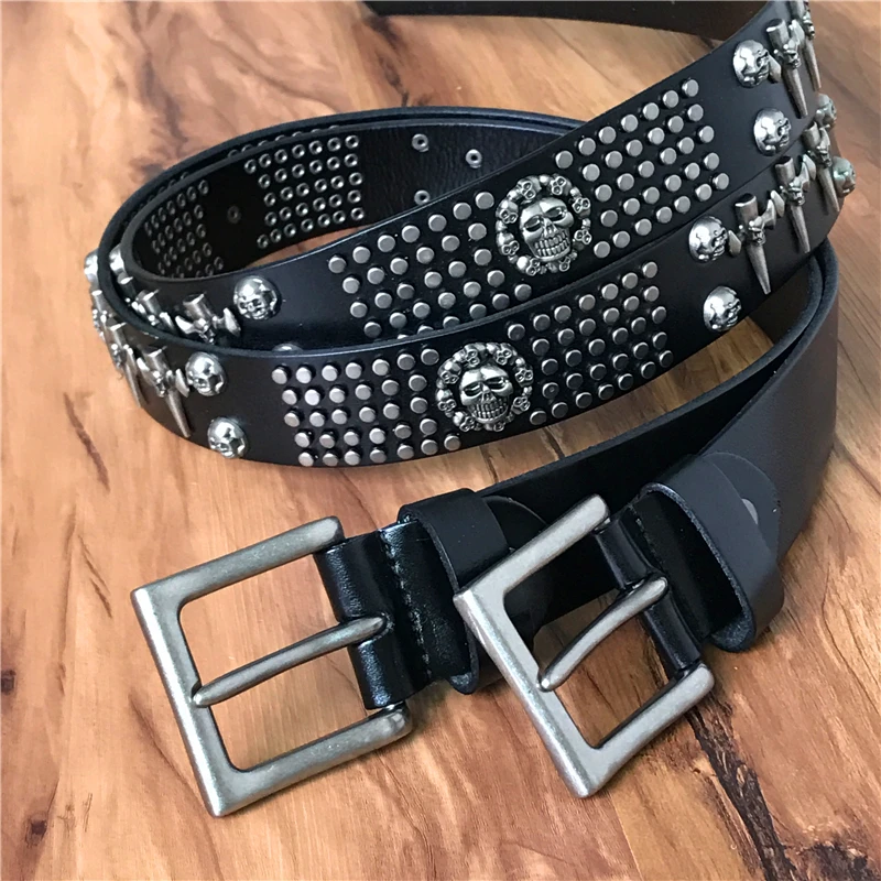 Genuine Leather Vintage Metal Skull Punk Men Belt Jeans White Belt Stud ...