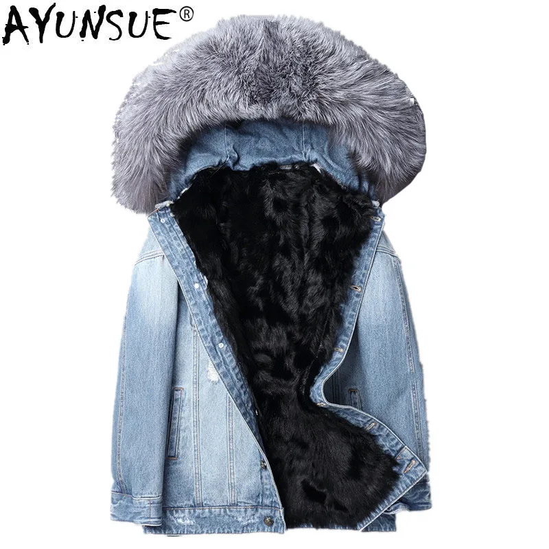 

AYUNSUE Parka Homme Real Lamb Fur Liner Denim Jacket Winter Jacket Fox Fur Collar Short Parkas Streetwear Coat F-XD-1803 MY1215