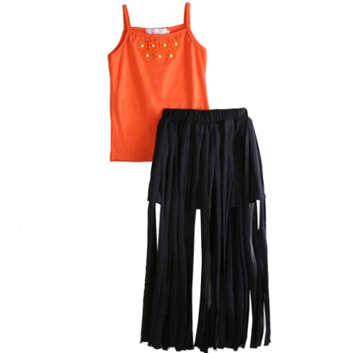 

2017 new hot summer Baby girl orange sleeveless top T-shirt + black Tassel skirt 2pcs Size 3-8T