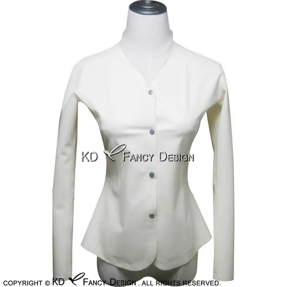 

White Sexy Latex Shirt Buttons At Front Long Sleeves V Neck Front High collar Back Rubber Blouse Top YF-0002
