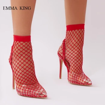 

2019 Spring Summer New Sexy Air Mesh PVC Pointed Toe Sandals Women's heels Pumps Stiletto High Heels Black Red Party Women Shoes