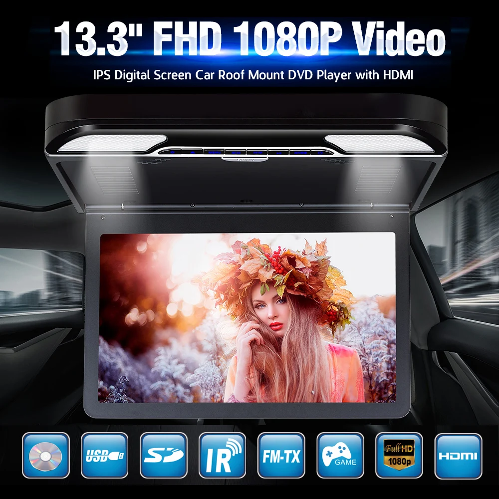  13.3 inch FHD 1080P IPS digital screen car roof mount Monitor DVD player