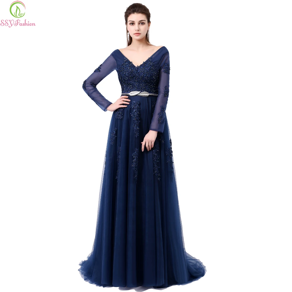 

SSYFashion Sexy Backless V-neck Long Sleeved Lace Evening Dress Embroidery with Beading Mother of The Bride Prom Formal Dresses