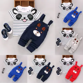 

Infant Toddler Baby Girls Boys Clothes Short Sleeve Cartoon Bear Striped T-Shirt Solid Bear Print Overalls Summer Outfits