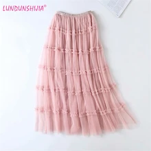LUNDUNSHIJIA мода эластичный пояс для женщин плиссированная юбка лето г. Хорошее качество сетки длинные юбки для 6 цветов