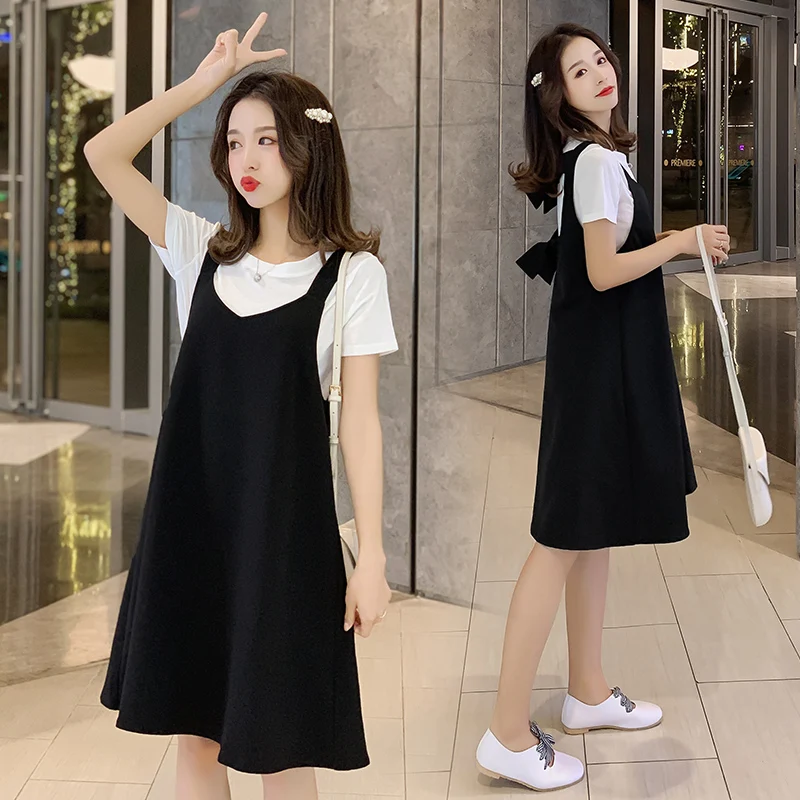

2019 Summer New Pregnant Women Suit Lace-up Back Brim A-line Dress+ Short Sleeve T-shirt Twinset Preppy Style Maternity Twinset