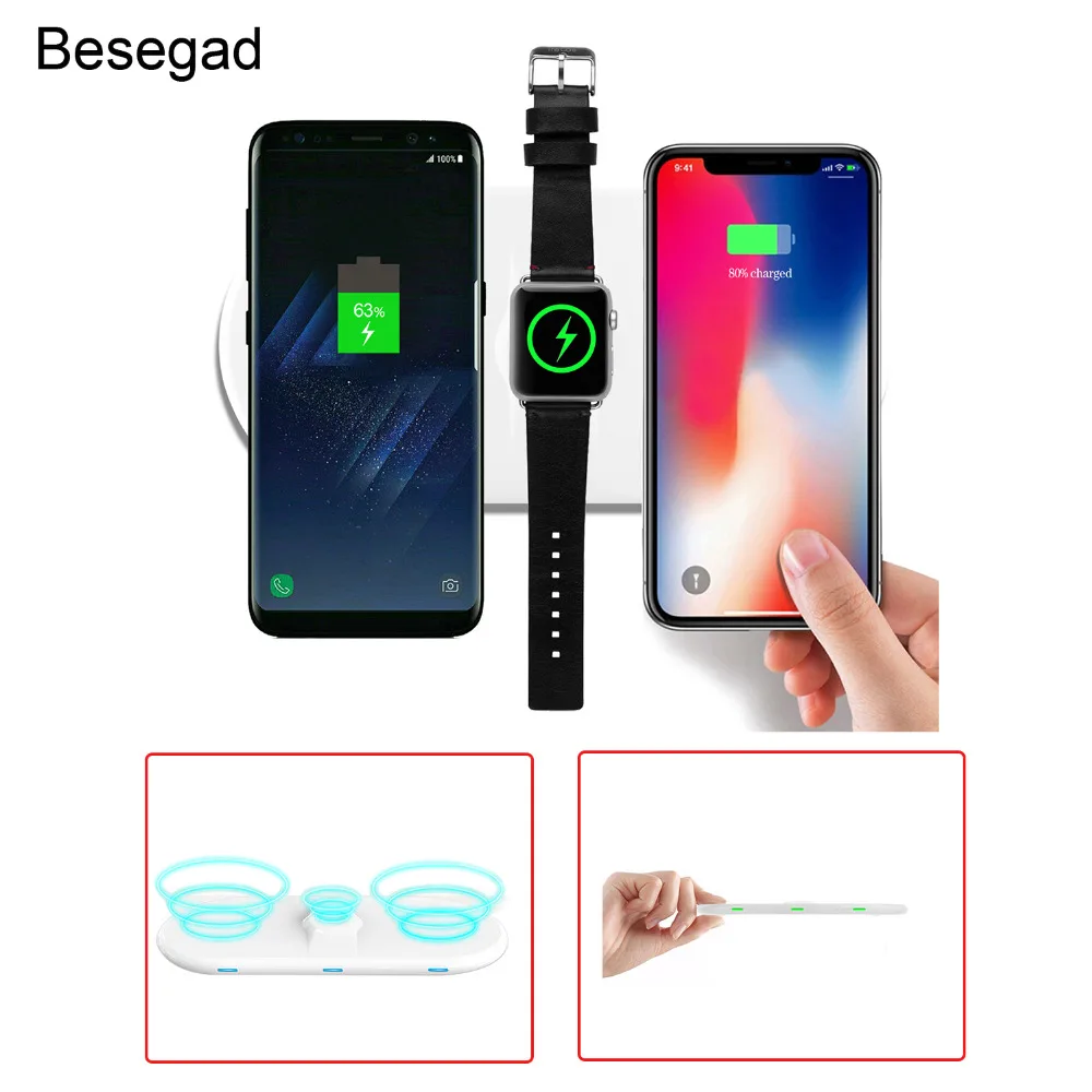Besegad 3in1 QI Быстрая зарядка беспроводное зарядное утройство для телефона Подставка держатель Подставка для Apple Watch iPhone 10X8 плюс samsung Galaxy S9 плюс