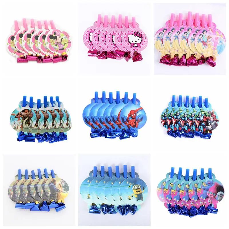 

6Pcs Cartoon Mickey/Unicorn/Princess/Spiderman Blowout Whistles Noise Maker Baby shower Kids Children Birthday Party decor