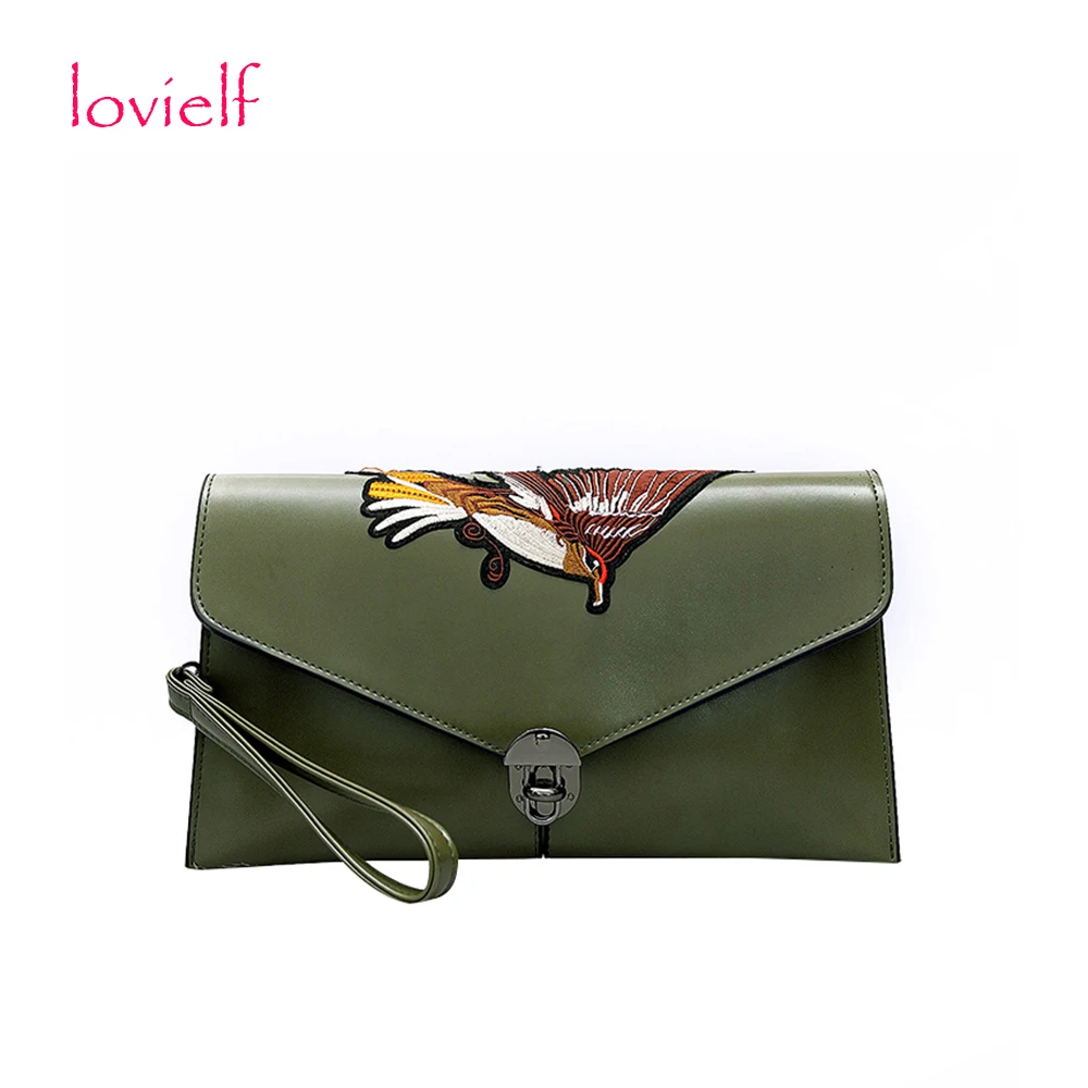

HOT lovielf Vintage Fashion Green Women Bird Embroidery envelope Day Clutch Shoulder bags Handbags Crossbody Bags