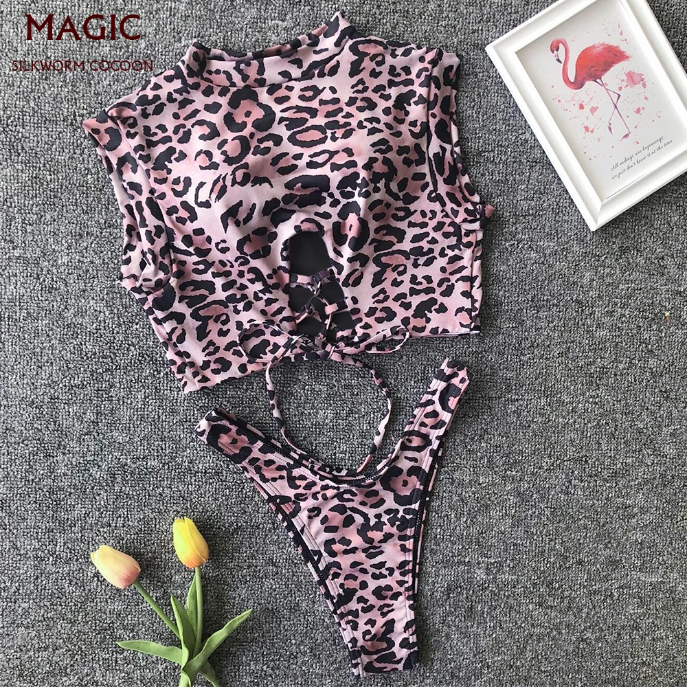

2 piece swimsuit women high waist thong bikini set New Push Up high neck Leopard print Swimwear Beachwear Biquini Swimsuit