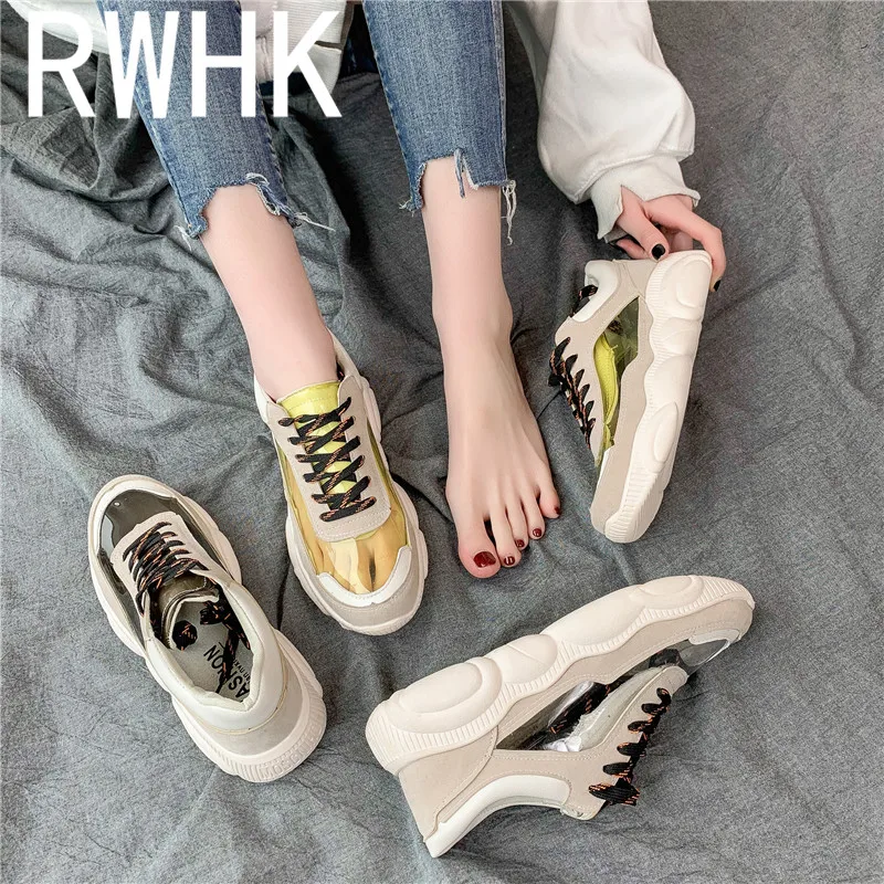 

RWHK 2019 new shoes women's bright leather sneakers transparent Korean version of the bear bottom Harajuku retro shoes B042