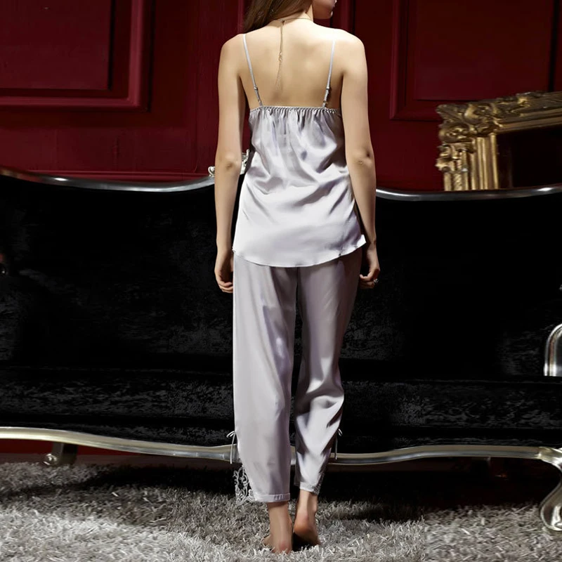 Jinsen Aite alta calidad Primavera Verano lindo mujeres seda satén 3 piezas ropa de dormir Sexy grande más tamaño pijama traje de dormir conjuntos de JS567 - 6