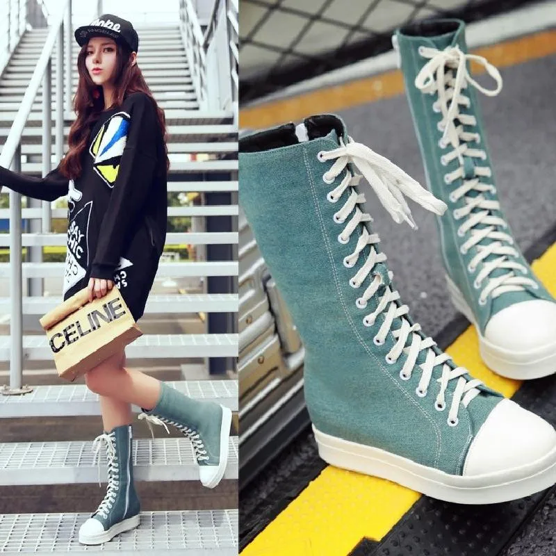 Fashion Canvas Lace Up Women Knee High Boots Round Toe Short Plush Women Snow Boots Tall Punk Casual Flat Platform Shoes Boots (1)